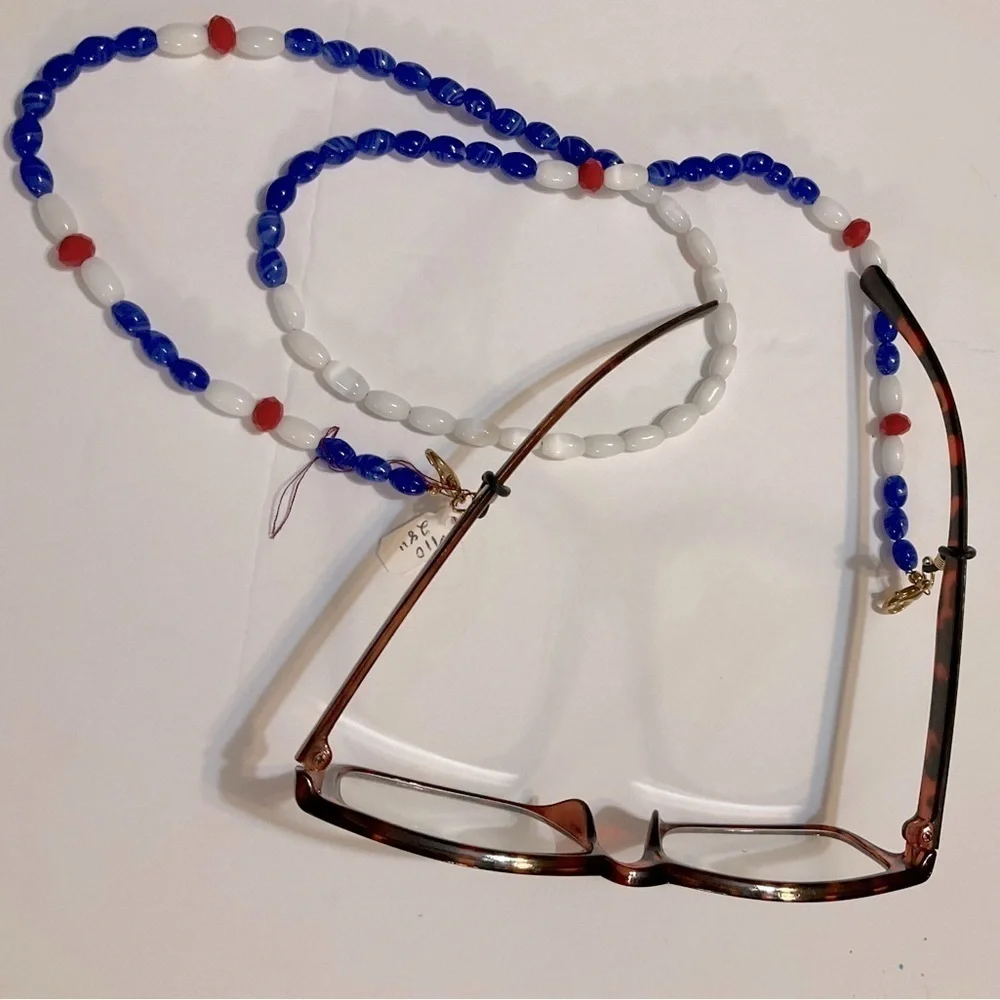 Hand Crafted Face Mask Eyeglasses Holder Lanyard Chain Red White Blue Patriotic